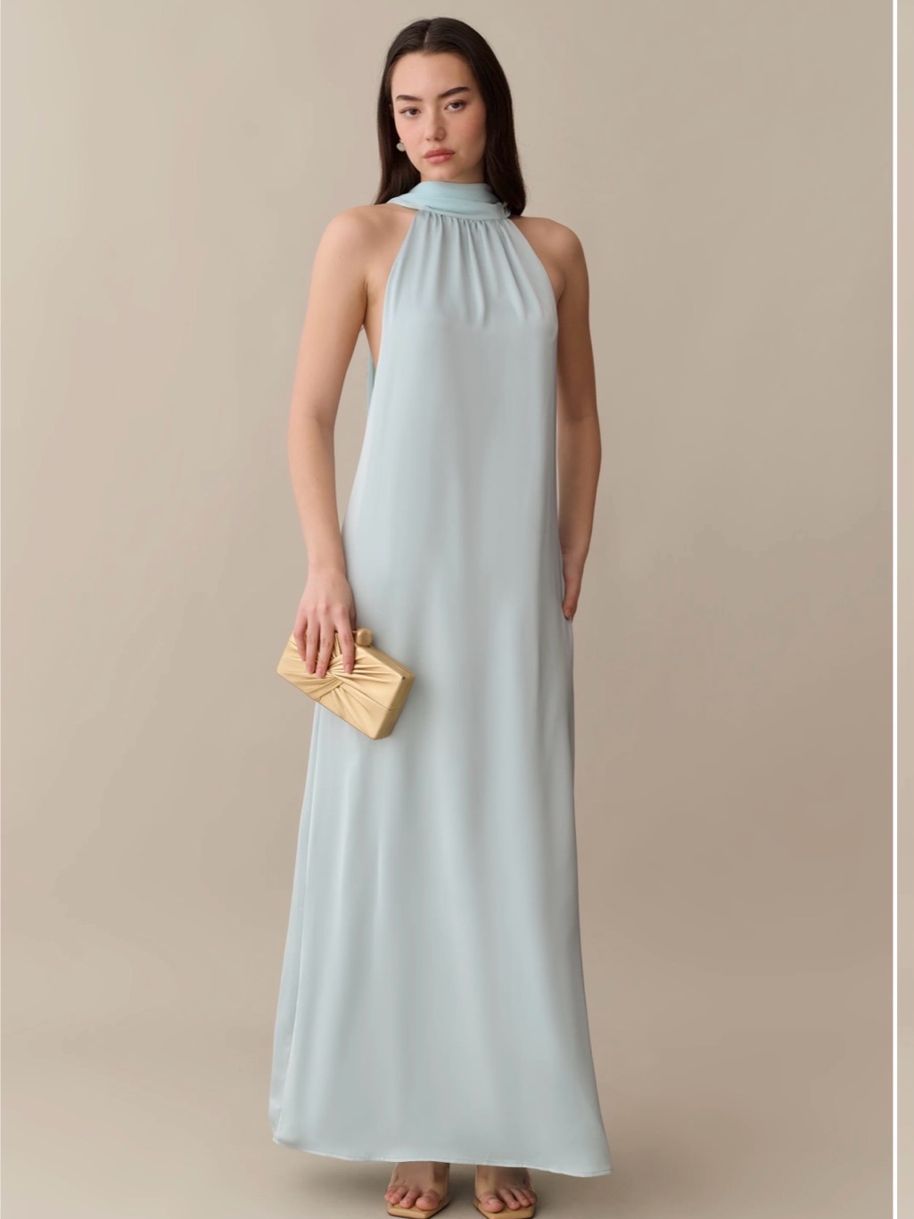 Halter Maxi Dress In Pale Blue With Gathered Neckline